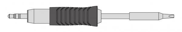 The image shows a screwdriver with a round, grippy black handle area, a long, narrow metal part, and a flat screw tip at the end.