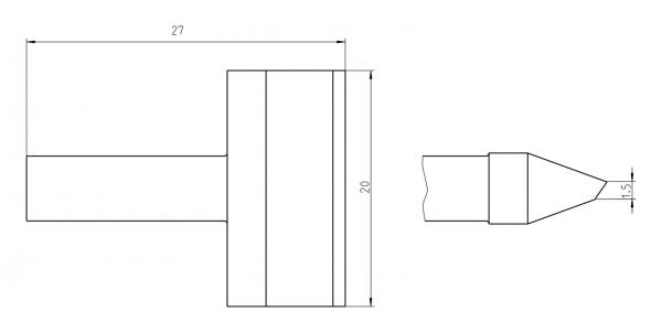 Das Bild zeigt eine technische Zeichnung eines zylindrischen Objekts. Es hat eine Länge von 27 mm, eine Breite von 20 mm und eine spitze Form auf der rechten Seite.