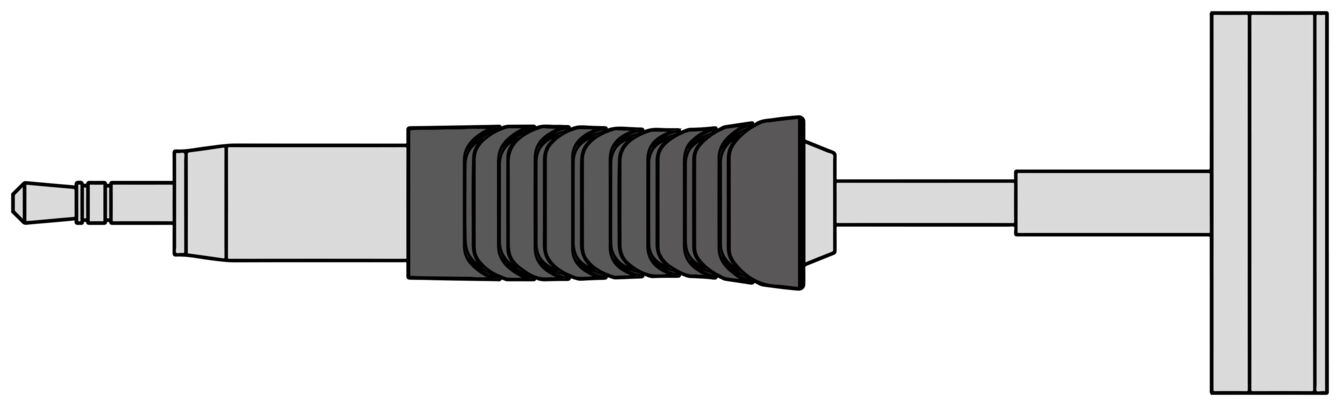 Das Bild zeigt einen Stecker mit einem runden, metallischen Ende und einem gummierten, schwarzen Griff. Der Stecker ist mit einem geraden Kabel verbunden und hat eine rechteckige Halterung.