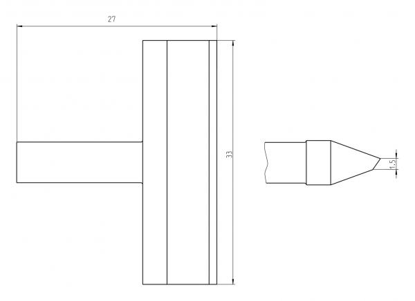 Das Bild zeigt technische Zeichnungen eines Objekts mit zwei Ansichten: eine seitliche und eine Draufsicht. Es gibt Maße wie 27 und 31, die die Dimensionen angeben.