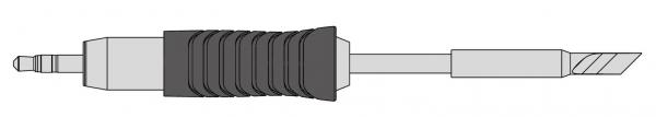 Das Bild zeigt einen Audioklinkenstecker. Er hat einen zylindrischen Kopf mit einer schwarzen Gummischicht und einem schmalen, gewellten Bereich, gefolgt von einem langen, glatten Metallteil.