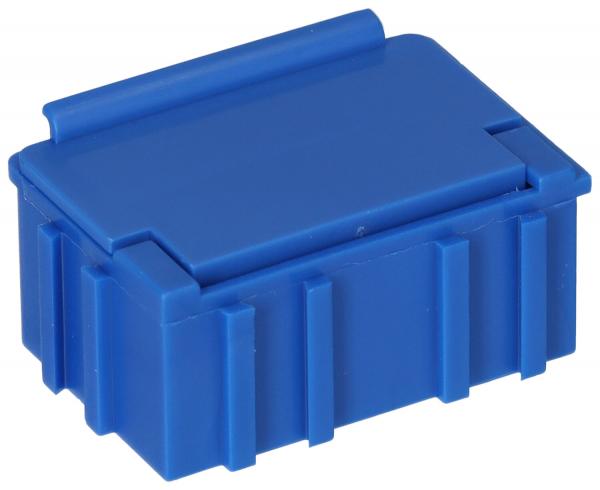 The image shows a small, rectangular plastic box in bright blue. It has a flat lid and vertical grooves on the sides. The box appears to be sturdy and handy.