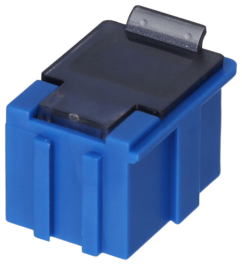 The image shows a blue plastic plug. It has a rectangular shape with a smooth surface and a black cap on top. There are two grooves visible on the sides.