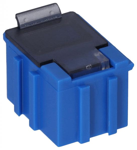 The image shows a small, square object in bright blue, with a smooth, dark top and recessed grooves on the sides. It has a flap on the top.