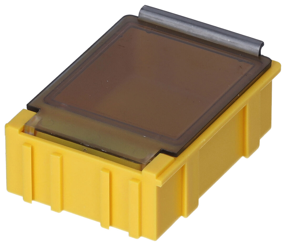 The image shows a yellow container with a transparent lid. The lid has a metal clasp on one side. The container appears sturdy and functional, likely for storing materials.