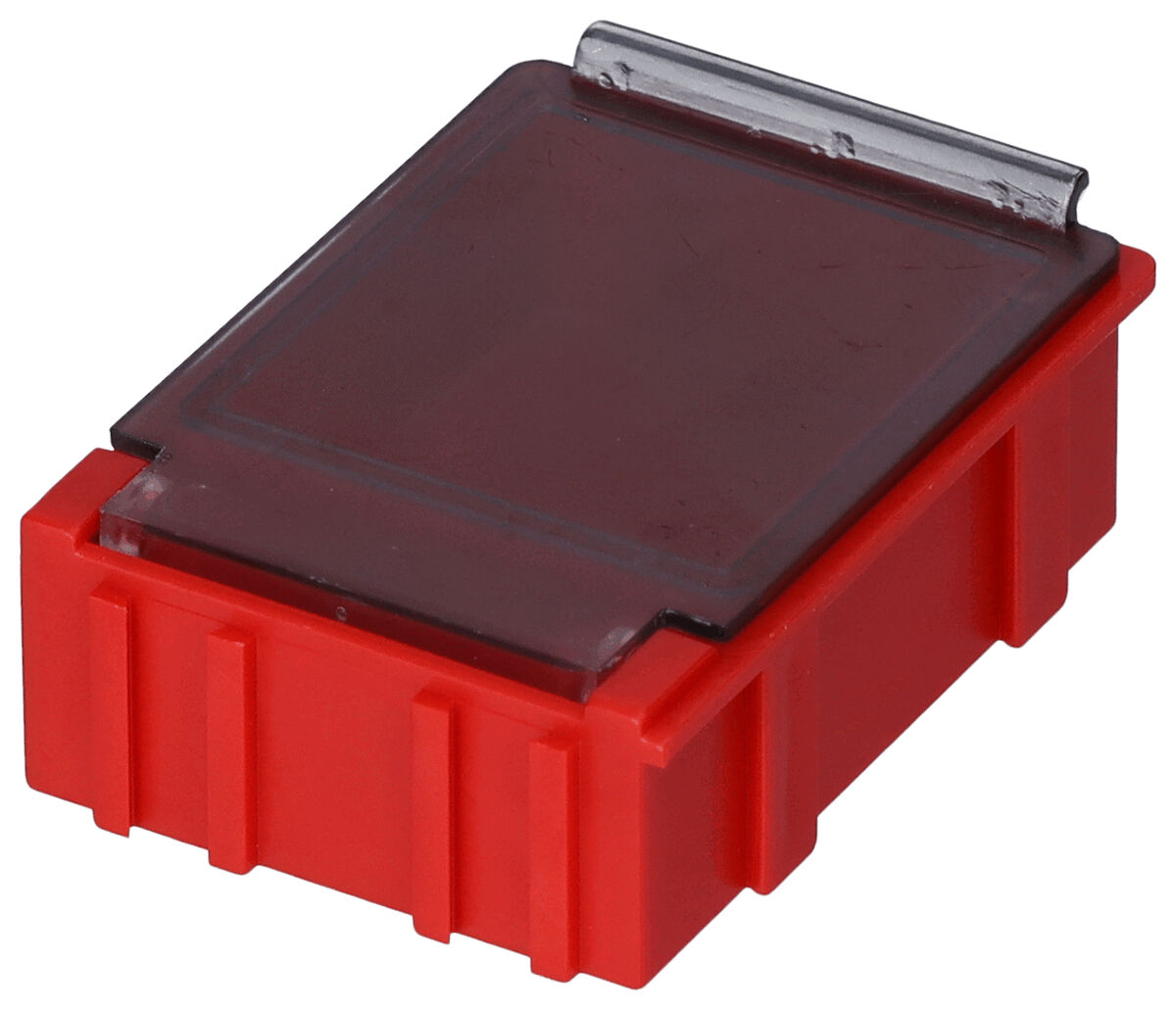 The image shows a rectangular object in bright red with a glass, transparent top. The bottom is textured and has lateral elevations.