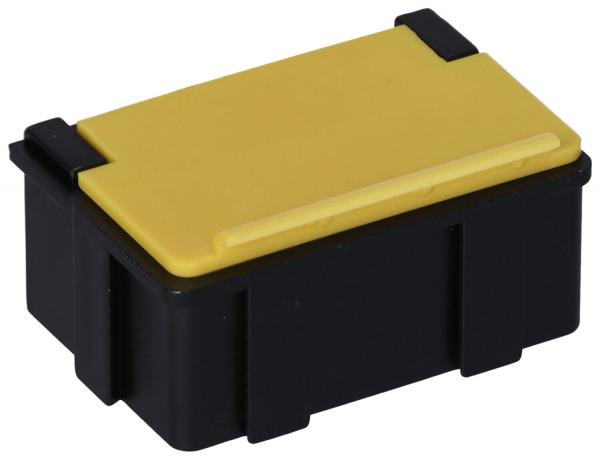 The image shows a rectangular container. The top is yellow, the sides are black. It has a flat shape and is sturdy, ideal for storing small items.