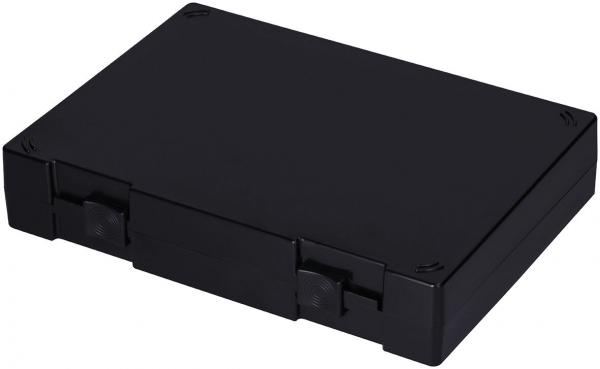 The image shows a black, rectangular box with a flat lid. It has rounded corners and two side locking mechanisms. The surface is plain and matte.