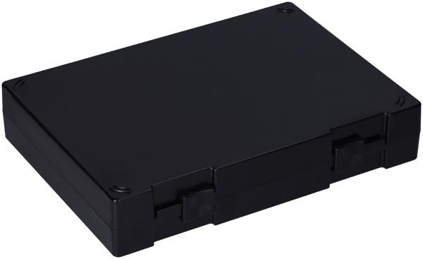 The image shows a matte, black box in rectangular shape. It has rounded corners and a flat top. There are clasps on the sides. The box appears sturdy and compact.