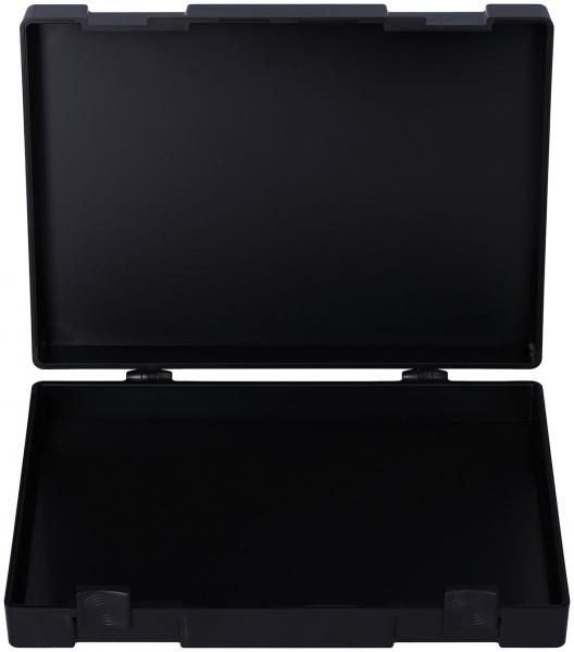 The image displays an open, rectangular suitcase made of black plastic. It features a sturdy hinge mechanism and a smooth, solid-colored surface without additional details.