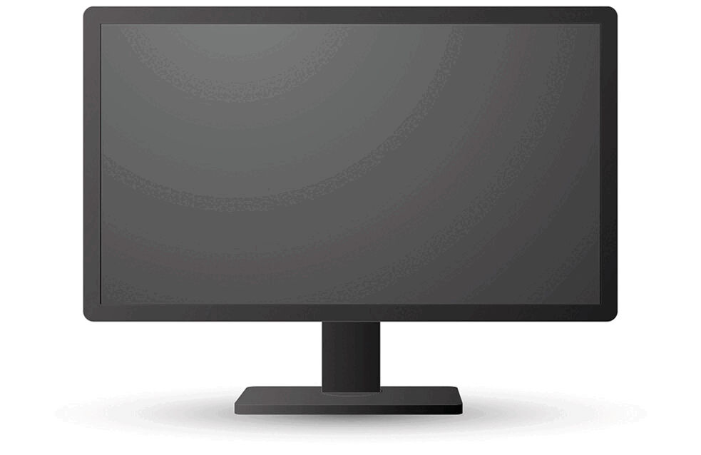 The image displays a black computer screen on a sturdy stand. The screen is blank and exhibits a uniform, dark hue.