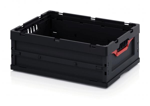 The image shows a rectangular, black plastic box with open sides and a red handle opening on the long side. The box is sturdy and is used for storage or transport.