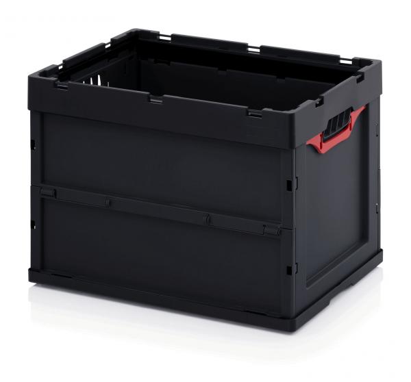 The image shows a rectangular, black plastic box without a lid. Red handles are attached to the shorter sides. The walls are sturdy and slightly textured.