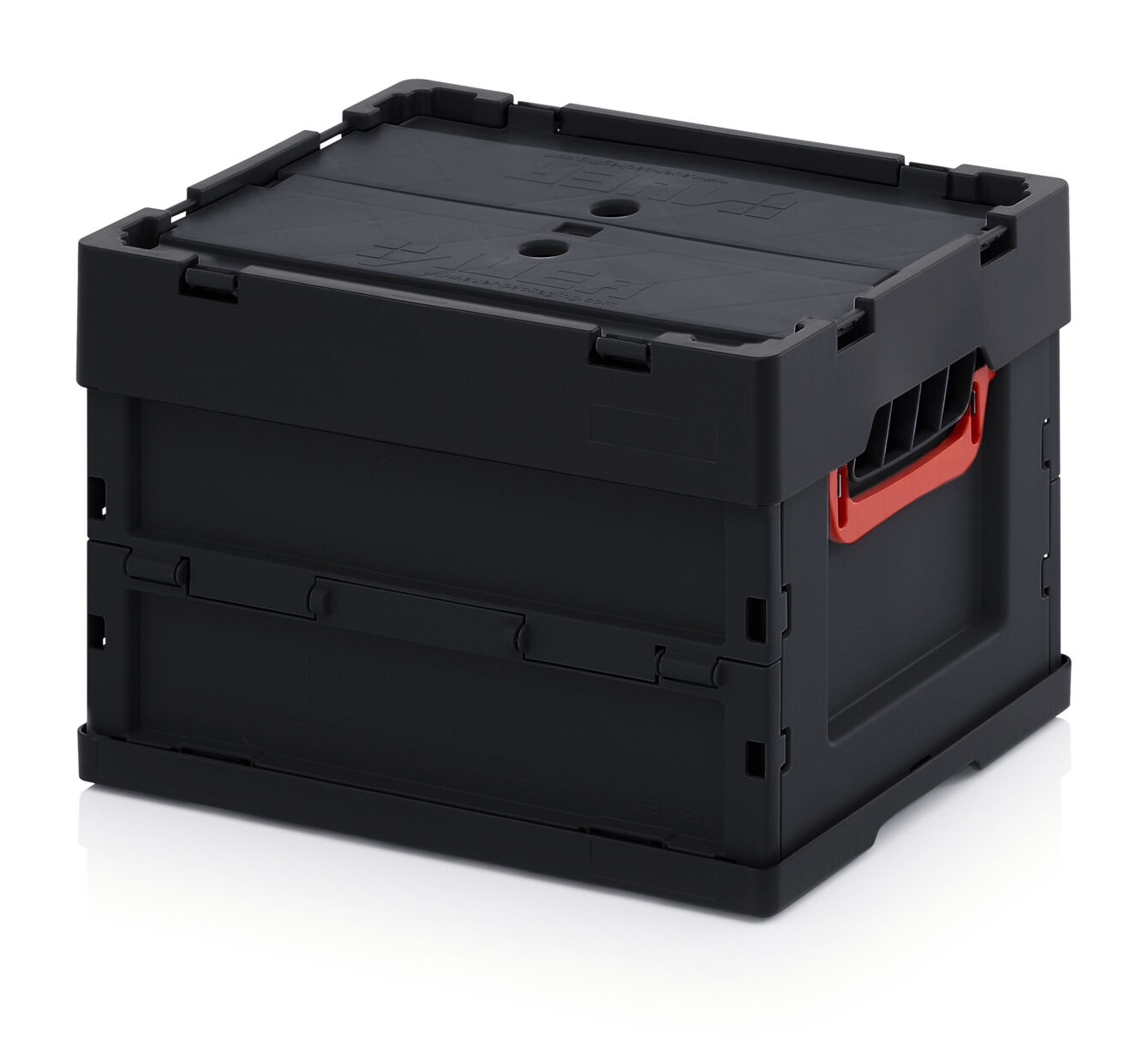 The image shows a black storage box with a sturdy, padded lid. On one side, there is a red carrying handle. The box is rectangular in shape and made of durable plastic.