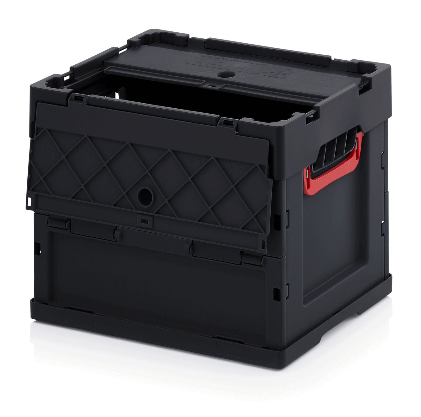 The image shows a black plastic box with a lid. It has a red carrying handle, a textured front, and is sturdy. The box is rectangular and can be used for transport.