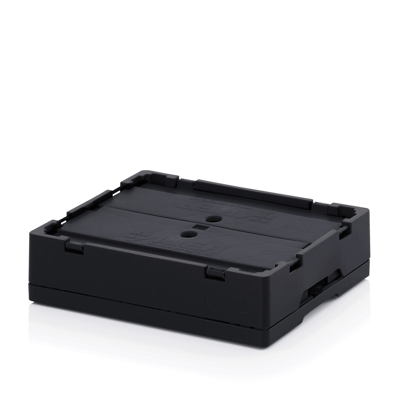 The image shows a black, rectangular container with rounded corners. The top has two small holes and is flat, giving a sturdy, solid impression.