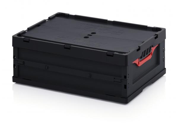 The image shows a black, rectangular plastic box with a flat top. On the side, there is a red handle strap. The box appears sturdy and stackable.