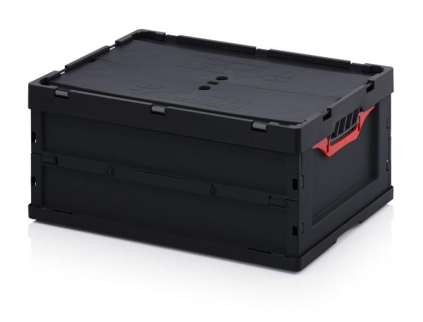 The image shows a rectangular, black plastic storage box. It has a flat lid and a red handle opening on the side. The box appears sturdy and practical.