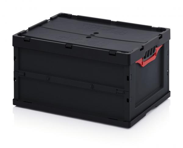 The image shows a rectangular, black plastic box with a red handle opening. It has a sturdy, flat lid surface and is versatile in use.