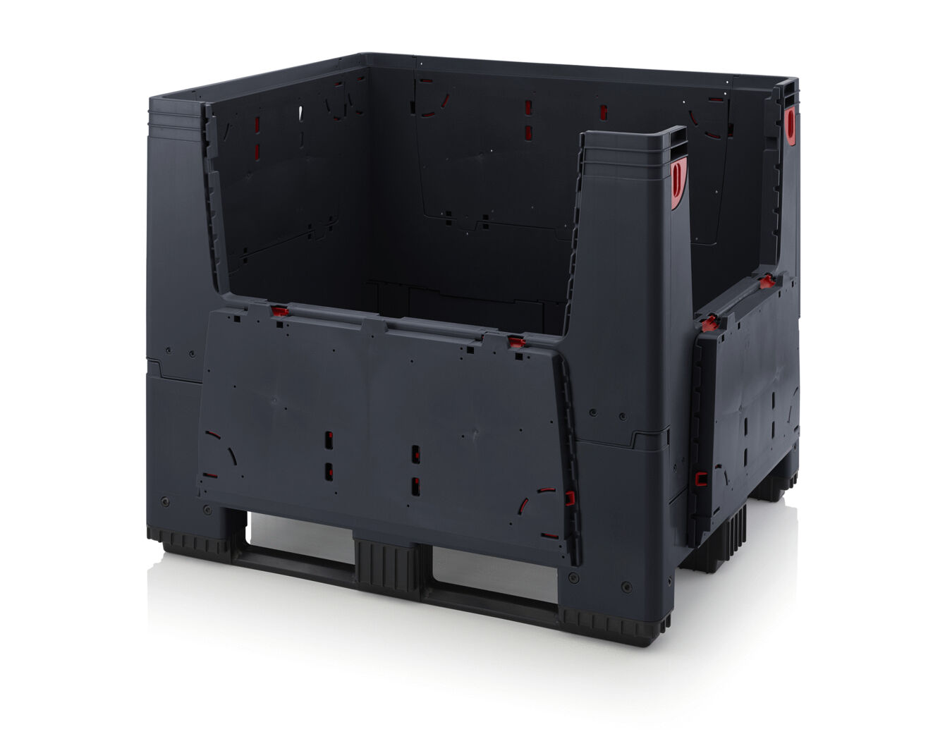 The image shows a large, black plastic box without a lid. It has high walls and open sides, with sturdy corners and red elements that reinforce the structure.