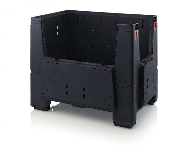 The image displays a rectangular, black plastic container. It has open side walls with small holes that provide stability, and red elements are visible at the corners.