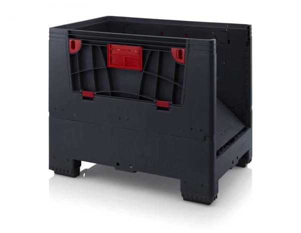 The image shows a large, rectangular black plastic box with red details. It has an open front and side ventilation openings. It is sturdy and suitable for storage.