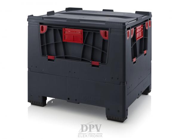 The image shows a sturdy, rectangular transport container made of black plastic with red accents. It has handles on the sides and a solid, flat top.