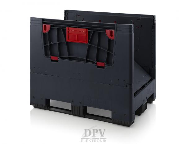 The image displays a sturdy, foldable container made of black plastic. It features red accents and has a rectangular shape with open sides. Ideal for storage and transportation.