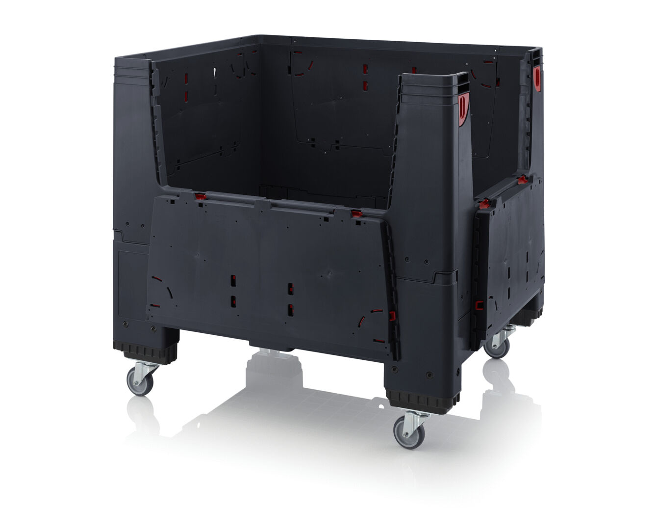 The image shows a black, square plastic container with open sides and four wheels. It is sturdy, has corners, and a low wall height, ideal for transporting items.