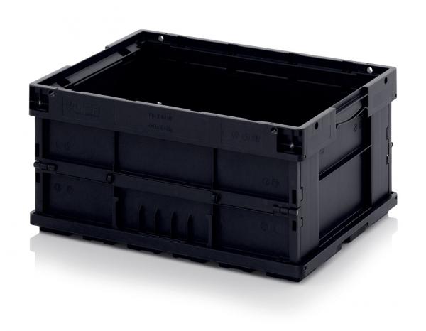 The image shows a black plastic crate. It is rectangular with open sides and has structural reinforcements. The edge is slightly raised, making it appear stable.