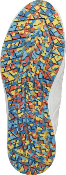 The image shows the underside of a sports shoe. The sole features a colorful pattern of red, blue, and yellow geometric shapes on a light background.