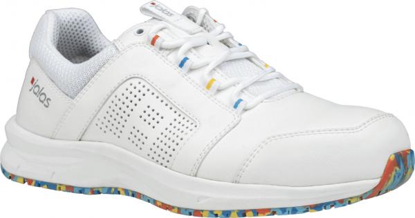 The shoe is a sporty, white sneaker with breathable inserts and colorful accents on the sole. It has laces and a comfortable, padded insole.