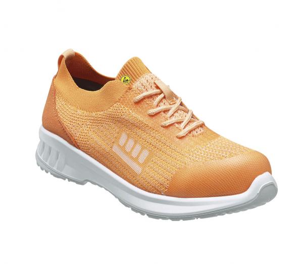 The shoe is a lightweight, orange sneaker with a breathable upper. The sole is white and provides good cushioning. The lacing is kept simple.