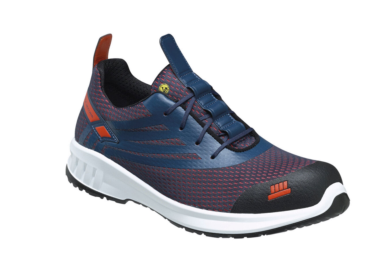 The shoe is sporty with a blue and red design. It has a padded sole, a reinforced toe area, and is designed for comfort and support while walking.