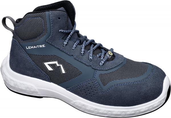 The shoe is a dark blue, mid-top sneaker with gray and white accents. It has a textured surface, flat laces, and a thick white sole for good comfort.