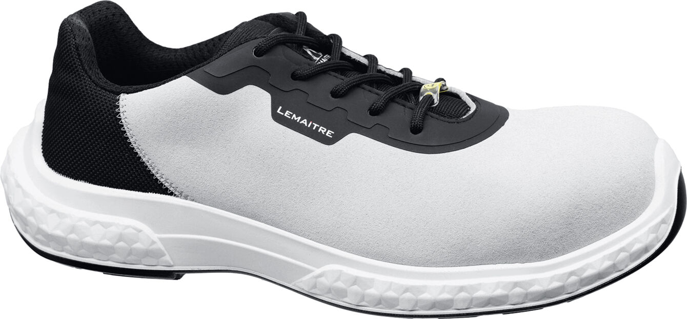 The shoe is a modern safety shoe with a white top and black sides. It has a sturdy sole and laces for good grip. Ideal for work environments.