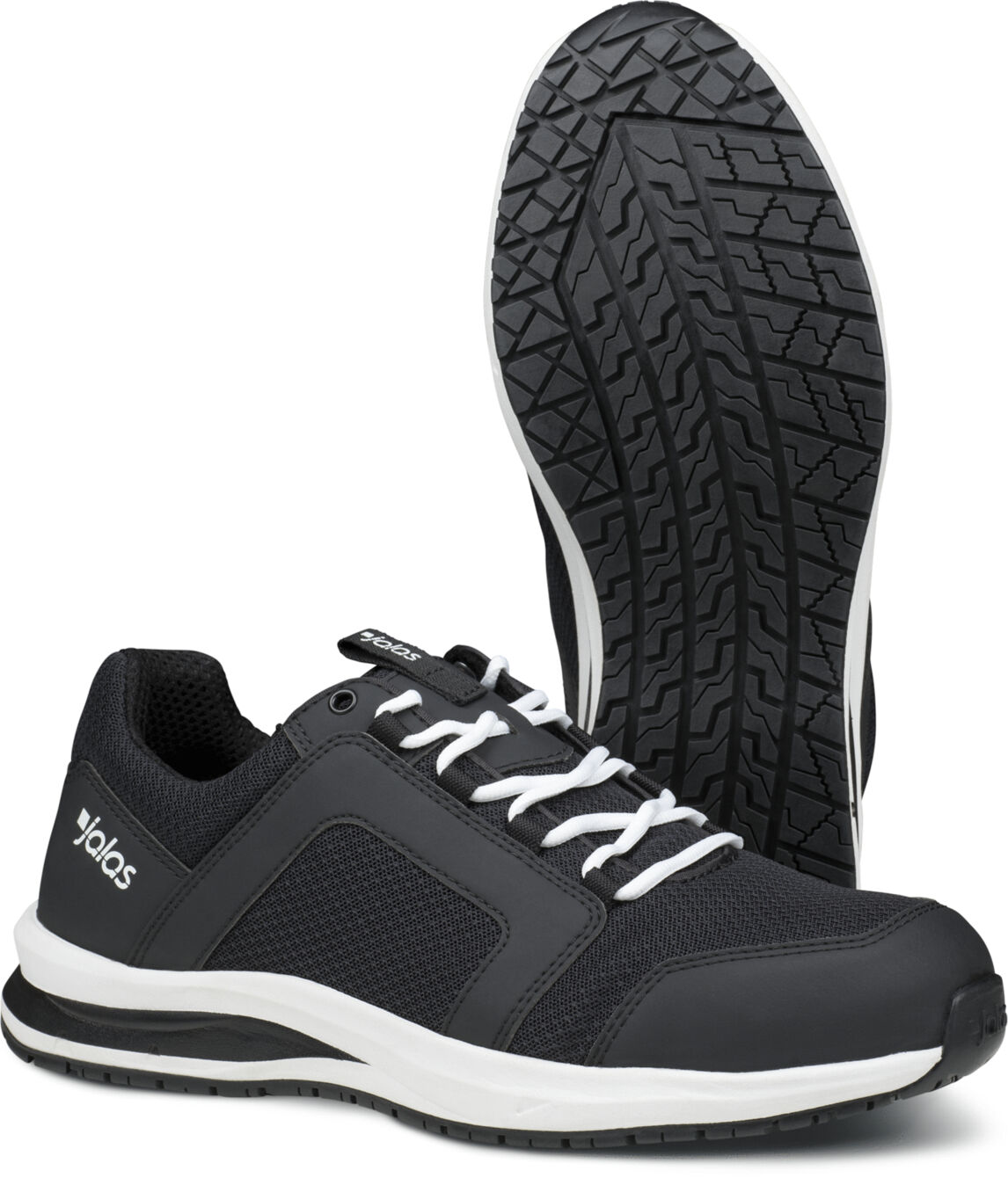 The image shows a black sports shoe with white lacing and a walking sole. The shoe has a padded sole and a breathable structure. The underside features a tread for better grip.