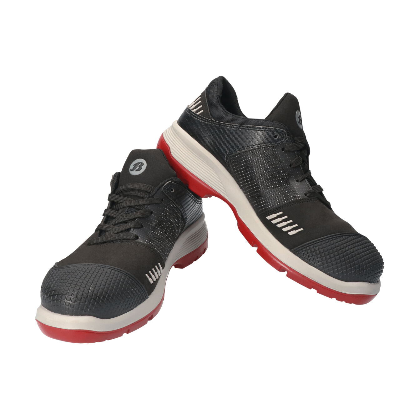 The image displays a pair of athletic shoes. They are primarily black with red soles. The shoes feature a textured surface and laces. A logo is visible on the side.