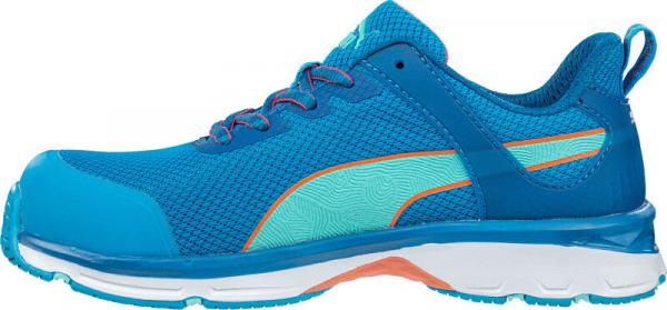 The shoe is a sporty, blue running shoe with a mesh material. It has green and orange accent colors, a white, cushioned sole, and a reinforced heel area.