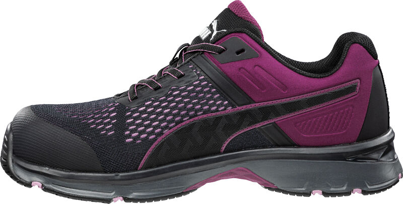 This is a sporty shoe in black with purple accents. It features a breathable mesh structure, a cushioned sole, and a modern shape, ideal for leisure or sports.