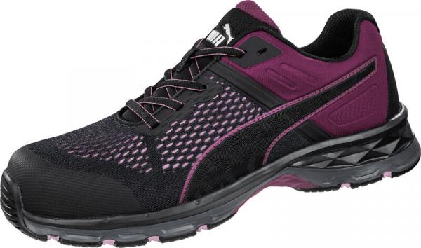 The shoe is a sporty, black-purple men's running or casual shoe. It features a mesh material for breathability, a cushioned sole, and laces for good grip.