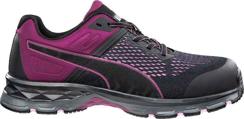 The shoe is sporty and lightweight. It is predominantly black with purple accents. The surface features a mesh design for breathability. The sole is stable and lightly cushioned.