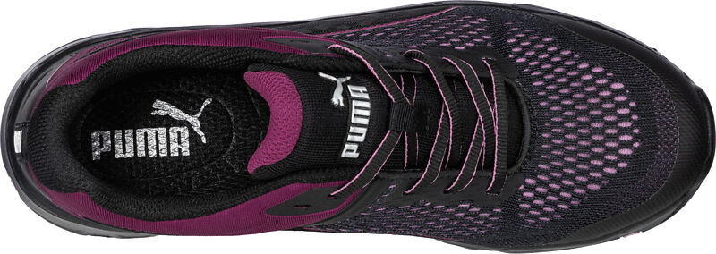 The image shows a black sports shoe with purple accents. The shoe features a breathable, mesh upper and laces on the top. A Puma logo is visible.