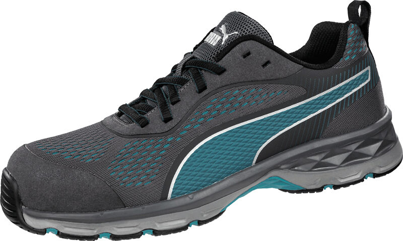 The shoe is a sporty sneaker in black with gray and turquoise accents. It features a breathable upper, flat laces, and a textured sole for good grip.