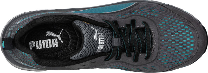 The shoe is black with blue and gray accents. It features a braided lacing, breathable mesh elements, and the Puma logo inside the tongue.