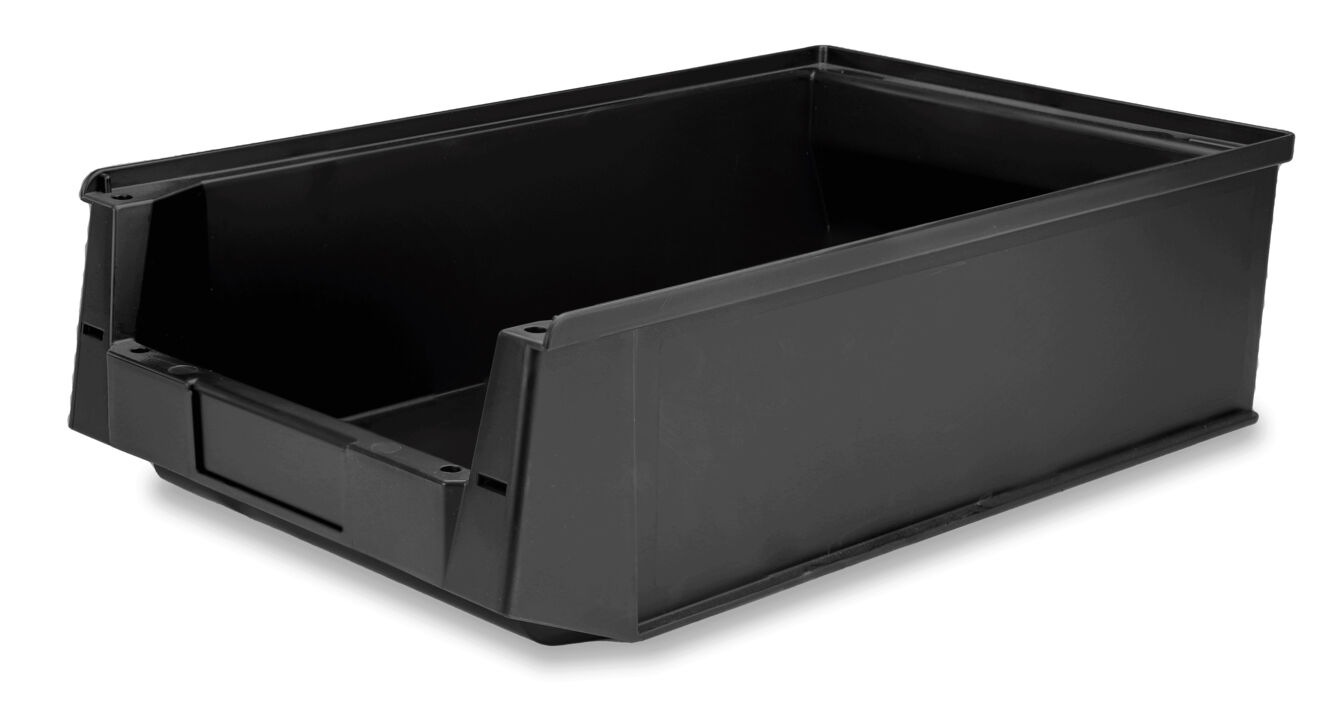 The image depicts a rectangular, open container made of black plastic. It has high side walls and a flat bottom, suitable for storing and transporting items.