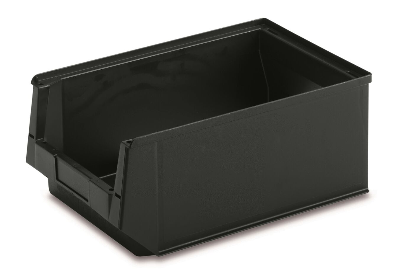 The image shows a rectangular, black plastic box without a lid. It has an open top and a slanted front for easy removal of contents.