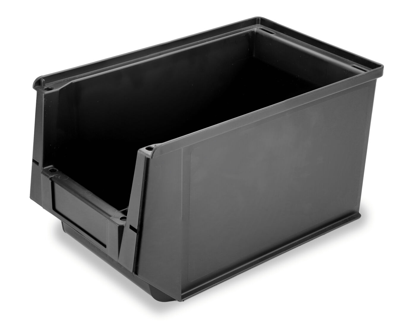 The image shows a rectangular, black plastic box without a lid. It has smooth walls and an open top, ideal for organizing or storing items.