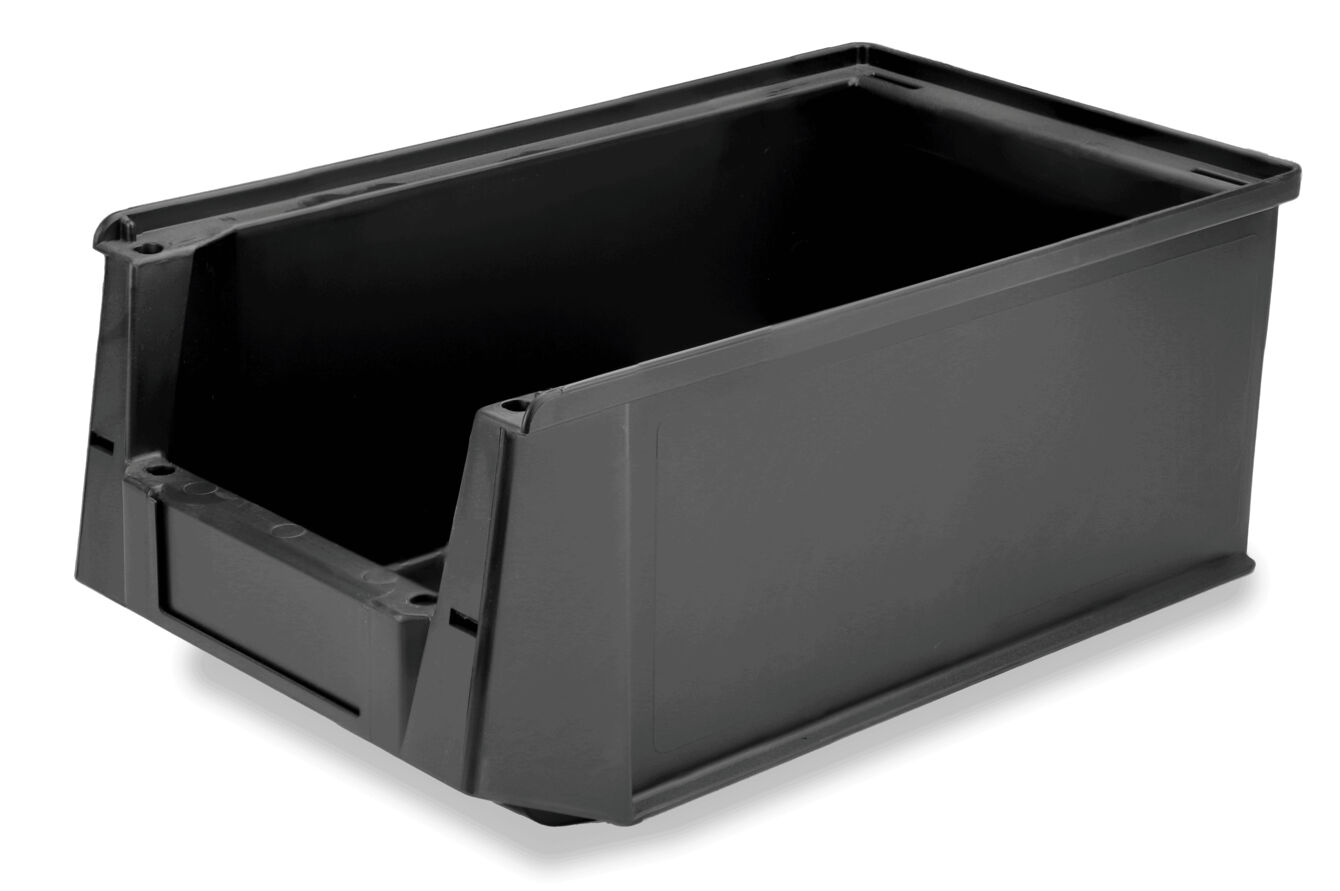 It is a rectangular, black plastic storage box. It has an open handle on one side and is empty inside, with sturdy walls and rounded corners.