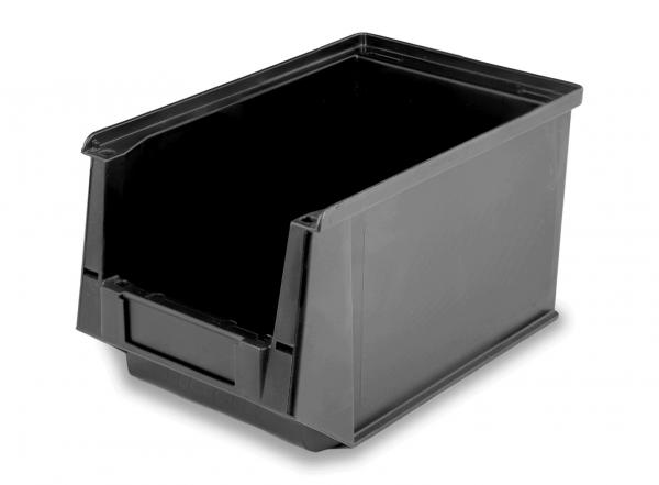 The image displays a black, rectangular plastic box. It features an open front and is sturdy, with smooth walls and a flat bottom. Ideal for storing items.